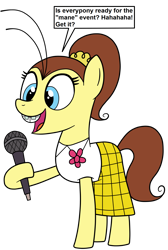 Size: 2297x3425 | Tagged: safe, artist:eagc7, species:earth pony, species:pony, bucktooth, clothing, dialogue, female, flower, luan loud, mare, microphone, nickelodeon, ponified, ponytail, simple background, skirt, solo, text, the loud house, transparent background