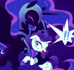 Size: 1280x1212 | Tagged: safe, artist:kkmrarar, character:nightmare moon, character:princess luna, character:rarity, species:alicorn, species:pony, species:unicorn, alternate timeline, clothing, duo, duo female, exclamation point, eyes closed, female, grin, helmet, lesbian, mare, night maid rarity, nightmare takeover timeline, nightrarity, noogie, shipping, shoes, smiling, startled, teary eyes