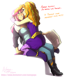 Size: 3912x4498 | Tagged: safe, artist:namygaga, character:adagio dazzle, character:sunset shimmer, ship:sunsagio, equestria girls:rainbow rocks, g4, my little pony: equestria girls, my little pony:equestria girls, blushing, book, clothing, dialogue, female, lesbian, shipping, simple background, smiling, white background