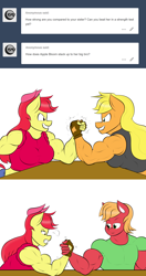 Size: 1280x2418 | Tagged: safe, artist:matchstickman, character:apple bloom, character:applejack, character:big mcintosh, species:anthro, species:earth pony, species:pony, apple bloom's bow, apple brawn, apple siblings, applejacked, arm wrestling, biceps, bow, breasts, busty apple bloom, busty applejack, clothing, deltoids, female, fingerless gloves, gloves, great macintosh, grin, hair bow, male, mare, matchstickman's apple brawn series, muscles, older, older apple bloom, pecs, shirt, simple background, smiling, snorting, stallion, triceps, trio, tumblr comic, tumblr:where the apple blossoms, white background