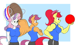 Size: 1280x756 | Tagged: safe, artist:matchstickman, character:apple bloom, character:scootaloo, character:sweetie belle, species:anthro, species:earth pony, species:pegasus, species:pony, species:unicorn, apple brawn, ball, biceps, blue background, breasts, buckball, bucket, busty apple bloom, busty cmc, busty scootaloo, busty sweetie belle, clothing, cutie mark crusaders, deltoids, female, levitation, magic, mare, matchstickman's apple brawn series, muscles, older, older apple bloom, older scootaloo, older sweetie belle, shirt, simple background, sports, sports shorts, telekinesis, triceps, trio, tumblr comic, tumblr:where the apple blossoms