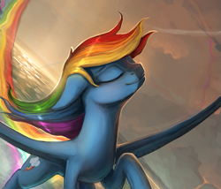 Size: 613x525 | Tagged: safe, artist:rain-gear, edit, character:rainbow dash, species:pegasus, species:pony, cloud, cropped, eyes closed, female, flying, majestic, mare, moon, ocean, rainbow trail, rotation, scenery, scenery porn, smiling, solo