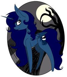 Size: 1977x2250 | Tagged: safe, artist:midnightamber, oc, oc only, oc:midnight, species:alicorn, species:pony, alicorn oc, female, fence, mare, moon, scary tree, side view, simple background, solo, style emulation, tim burton, tim burton style, transparent background