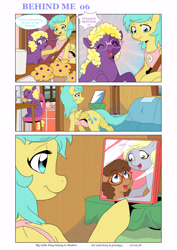Size: 5371x7592 | Tagged: safe, artist:jeremy3, character:derpy hooves, character:sunshower raindrops, oc, oc:trissie, oc:valentine, species:earth pony, species:pegasus, species:pony, comic:behind me, absurd resolution, alternate universe, broom, chair, comic, couch, food, glass, glasses, milk, muffin, photo, refrigerator, sink, table