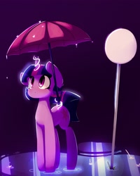 Size: 3276x4096 | Tagged: safe, artist:bloodatius, character:twilight sparkle, character:twilight sparkle (unicorn), species:pony, species:unicorn, clothing, female, glowing horn, looking back, magic, mare, rain, solo, telekinesis, umbrella