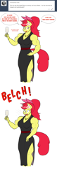 Size: 1280x3956 | Tagged: safe, artist:matchstickman, character:apple bloom, species:anthro, species:earth pony, g4, apple bloom's bow, apple brawn, biceps, bow, breasts, burp, busty apple bloom, clothing, comic, deltoids, dialogue, dress, female, flower, flower in hair, glass, hair bow, jewelry, majestic as fuck, mare, matchstickman's apple brawn series, muscles, necklace, older, older apple bloom, side slit, simple background, solo, thunder thighs, triceps, tumblr comic, tumblr:where the apple blossoms, uncouth, white background, wine glass