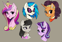 Size: 1224x827 | Tagged: safe, artist:hikariviny, character:dj pon-3, character:octavia melody, character:princess cadance, character:saffron masala, character:starlight glimmer, character:vinyl scratch, species:alicorn, species:earth pony, species:pony, species:unicorn, bandana, bow tie, bust, chest fluff, clothing, crown, ear fluff, ear piercing, female, glasses, gray background, headband, jewelry, looking at you, mare, piercing, portrait, regalia, simple background, smiling, tongue out