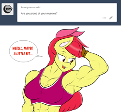 Size: 1280x1185 | Tagged: safe, artist:matchstickman, character:apple bloom, species:anthro, species:earth pony, species:pony, abs, apple bloom's bow, apple brawn, armpits, biceps, bow, breasts, busty apple bloom, clothing, comic, deltoids, dialogue, female, fingerless gloves, gloves, hair bow, looking sideways, mare, matchstickman's apple brawn series, muscles, older, older apple bloom, simple background, solo, speech bubble, talking to viewer, triceps, tumblr comic, tumblr:where the apple blossoms, white background