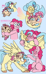Size: 1024x1656 | Tagged: safe, artist:sandwichbuns, character:pinkie pie, character:princess skystar, oc, oc:spongecake, parent:pinkie pie, parent:princess skystar, parents:skypie, species:classical hippogriff, species:hippogriff, species:seapony (g4), ship:skypie, cuddling, female, lesbian, magical lesbian spawn, offspring, shipping