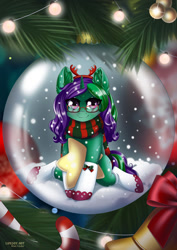 Size: 707x1000 | Tagged: safe, artist:lifejoyart, oc, oc only, oc:buggy code, species:pony, species:unicorn, blushing, bow, candy, candy cane, christmas, christmas lights, christmas tree, clothing, commission, crystal ball, cute, digital art, ear fluff, female, floppy ears, food, glasses, holiday, looking at you, mare, scarf, signature, sitting, smiling, snow, snow globe, snowfall, socks, solo, stars, tree, ych result