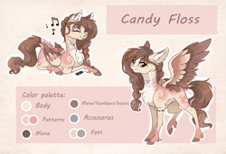 Size: 3449x2361 | Tagged: safe, artist:marbola, oc, oc:candy floss (marbola), species:pegasus, species:pony, chest fluff, earbuds, female, headphones, mare, pale belly, pattern, reference sheet, solo, spread wings, teenager, wings