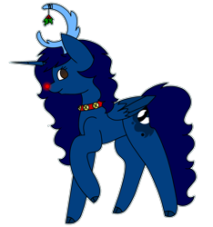 Size: 1924x2055 | Tagged: safe, artist:midnightamber, oc, oc only, oc:midnight, species:alicorn, species:pony, alicorn oc, antlers, collar, female, glowing nose, holly, jingle bells, mare, red nose, reindeer antlers, side view, simple background, smiling, solo