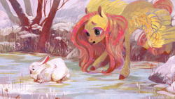Size: 800x450 | Tagged: safe, artist:wolfiedrawie, character:angel bunny, character:fluttershy, species:pegasus, species:pony, species:rabbit, duo, eyelashes, female, help, ice, lake, looking at something, mare, open mouth, rescue, snow, spread wings, teary eyes, tree, unshorn fetlocks, wings, winter, worried