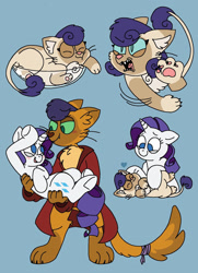 Size: 1024x1413 | Tagged: safe, artist:sandwichbuns, character:capper dapperpaws, character:rarity, oc, oc:yarnball, parent:capper dapperpaws, parent:rarity, parents:capperity, species:abyssinian, species:anthro, ship:capperity, blue background, capperbetes, clothing, coat, cute, female, hybrid, interspecies offspring, male, ocbetes, offspring, shipping, simple background, straight