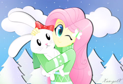 Size: 3264x2248 | Tagged: safe, artist:xan-gelx, character:angel bunny, character:fluttershy, my little pony:equestria girls, clothing, cloud, cute, evergreen tree, female, one eye closed, shyabetes, sky, snow, snow-covered tree, sweater, tree