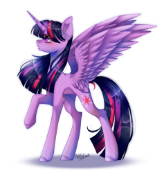 Size: 1324x1396 | Tagged: safe, artist:huirou, character:twilight sparkle, character:twilight sparkle (alicorn), species:alicorn, species:pony, blushing, eyelashes, female, horn, looking up, mare, open mouth, raised hoof, side view, signature, simple background, solo, spread wings, transparent background, windswept mane, wings