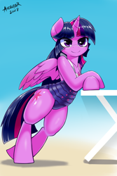 Size: 500x750 | Tagged: safe, artist:iloota, character:twilight sparkle, character:twilight sparkle (alicorn), species:alicorn, species:pony, bipedal, bipedal leaning, clothing, equestria girls outfit, female, human shoulders, humanoid torso, leaning, mare, one-piece swimsuit, semi-anthro, smiling, solo, swimsuit