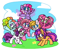Size: 946x800 | Tagged: safe, artist:sandwichbuns, character:cheerilee (g3), character:pinkie pie (g3), character:rainbow dash (g3), character:scootaloo (g3), character:starsong, character:sweetie belle (g3), character:toola roola, species:pony, g3, core seven, g3 to g4, generation leap