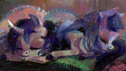 Size: 800x450 | Tagged: safe, artist:wolfiedrawie, oc, oc:cosmia nebula, oc:lurid shadow, book, couch, sleeping