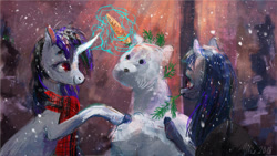 Size: 600x338 | Tagged: safe, artist:wolfiedrawie, oc, oc:cosmia nebula, oc:lurid shadow, carrot, clothing, food, scarf, snow, snowmare, winter