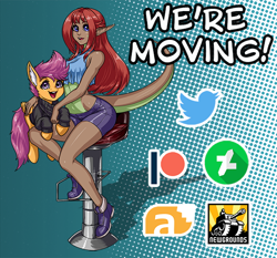 Size: 600x558 | Tagged: safe, artist:aphexangel, character:scootaloo, oc, species:pegasus, species:pony, abstract background, breasts, clothing, holding a pony, meta, midriff, newgrounds, patreon, patreon logo, shorts, smiling, tumblr, tumblr 2018 nsfw purge, twitter