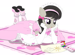 Size: 3000x2193 | Tagged: safe, artist:avchonline, character:octavia melody, species:anthro, species:pony, alice in wonderland, bow, clothing, crayon, crayon drawing, dress, eyeshadow, female, gloves, hair bow, hello kitty, long gloves, maid, makeup, mare, mary janes, octamaid, pantyhose, pinafore, sanrio, solo, traditional art