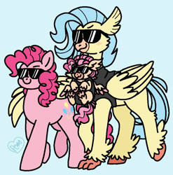 Size: 796x807 | Tagged: safe, artist:sandwichbuns, character:pinkie pie, character:princess skystar, oc, oc:spongecake, parent:pinkie pie, parent:princess skystar, parents:skypie, species:classical hippogriff, species:hippogriff, species:pony, ship:skypie, blue background, female, lesbian, magical lesbian spawn, offspring, shipping, simple background, sunglasses