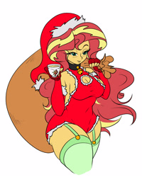 Size: 2000x2500 | Tagged: safe, artist:albertbm, character:sunset shimmer, my little pony:equestria girls, boob window, breasts, christmas, cleavage, clothing, costume, female, fingerless gloves, gloves, hat, holiday, leotard, sack, santa costume, santa hat, simple background, solo, white background