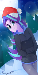 Size: 1034x2015 | Tagged: safe, artist:xan-gelx, character:starlight glimmer, my little pony:equestria girls, christmas, clothing, female, hands in pockets, hat, holiday, pants, santa hat, smiling, snow, solo, tree