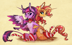 Size: 2442x1546 | Tagged: safe, artist:marbola, character:sunset shimmer, character:twilight sparkle, character:twilight sparkle (alicorn), species:alicorn, species:pony, species:unicorn, ship:sunsetsparkle, g4, chest fluff, clothing, coat markings, colored hooves, colored wings, cute, eyebrows, eyebrows visible through hair, female, hooves, leonine tail, lesbian, looking at you, mare, multicolored wings, open mouth, pale belly, shimmerbetes, shipping, smiling, socks, spread wings, stockings, striped socks, thigh highs, three quarter view, twiabetes, wings