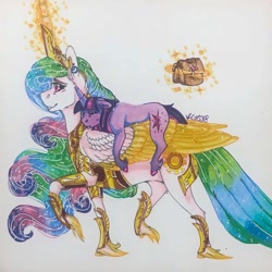 Size: 1280x1280 | Tagged: safe, artist:nightmare-moons-throneroom, character:princess celestia, character:twilight sparkle, character:twilight sparkle (unicorn), species:alicorn, species:pony, species:unicorn, armor, bag, blushing, carrying, cutie mark, duo, female, filly, glowing horn, jewelry, magic, mare, mentor and protege, momlestia, ponies riding ponies, regalia, saddle bag, simple background, sleeping, smiling, telekinesis, traditional art, unshorn fetlocks, walking, white background, younger