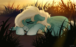 Size: 1280x787 | Tagged: safe, artist:rutkotka, oc, oc only, oc:icy heart, species:pegasus, species:pony, crying, emotions, female, grass, mare, sadness, scenery, solo, sunrise, ych result