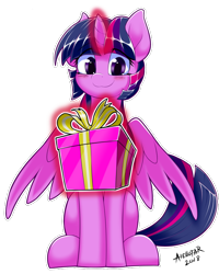 Size: 600x750 | Tagged: safe, artist:iloota, character:twilight sparkle, character:twilight sparkle (alicorn), species:alicorn, species:pony, christmas, cute, female, gift giving, glowing horn, holiday, levitation, looking at you, magic, mare, outline, present, simple background, sitting, smiling, solo, spread wings, telekinesis, transparent background, twiabetes, white outline, wings