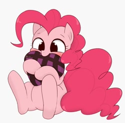 Size: 847x837 | Tagged: safe, artist:manachaaaaaaaa, character:pinkie pie, species:earth pony, species:pony, blushing, cute, diapinkes, female, heart, heart pillow, holding, mare, pillow, simple background, sitting, smiling, solo, white background