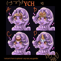 Size: 3500x3500 | Tagged: safe, artist:mdwines, oc, species:pony, species:unicorn, auction, burger, bust, colored pupils, commission, commission info, cute, donut, ear fluff, fast food, female, food, food pony, happy, heart, hooves together, horn impalement, ice cream, jewelry, looking up, mare, meat, necklace, ocbetes, open mouth, original species, pearl necklace, pepperoni, pepperoni pizza, pizza, ponified, portrait, sketch, smiling, solo, wat, ych example, your character here