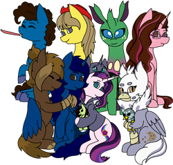 Size: 1186x1133 | Tagged: safe, artist:midnightamber, derpibooru original, edit, editor:ciaran, character:gabby, oc, oc only, oc:devulsa, oc:elizabat stormfeather, oc:evening glitter, oc:gerbera, oc:hoxton, oc:liz, oc:midnight, oc:opacity, oc:silly scribe, oc:white lilly, parent:applejack, parent:starlight glimmer, parent:strawberry sunrise, parent:sunset shimmer, parents:applerise, parents:shimmerglimmer, species:alicorn, species:changeling, species:earth pony, species:griffon, species:hippogriff, species:pony, species:reformed changeling, species:unicorn, 2019 community collab, derpibooru community collaboration, alicorn oc, blowing a party favor, changeling oc, clothing, cowboy hat, ear piercing, earring, eyebrow piercing, female, freckles, glasses, group, group hug, group photo, hat, hippogriff oc, hoodie, hug, jewelry, magical lesbian spawn, male, mare, next generation, offspring, party popper, piercing, plushie, pony plush, simple background, sitting, smiling, smiling at the camera, stallion, transparent background, unshorn fetlocks, wall of tags, winghug