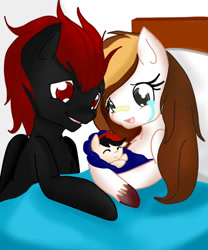 Size: 440x530 | Tagged: safe, artist:hikariviny, oc, oc:brave heart, oc:braveheart night, oc:shady night, oc:sweet lullaby, parents:oc x oc, species:pegasus, species:pony, bed, birth, crying, female, foal, male, mare, newborn, offspring, parent:oc:shady night, parent:oc:sweet lullaby, stallion, tears of joy
