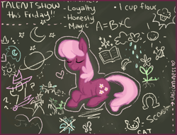 Size: 1103x842 | Tagged: safe, artist:meekcheep, character:cheerilee, species:earth pony, species:pony, chalkboard, content, eyes closed, female, mare, that pony sure does love teaching