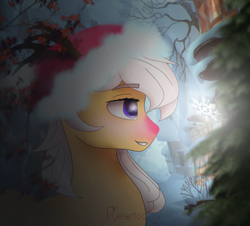Size: 1000x904 | Tagged: safe, alternate version, artist:radioaxi, oc, oc only, oc:antler pone, species:pony, antlers, christmas, clothing, hat, holiday, purple eyes, red nose, santa hat, snow, snowflake, solo, white mane