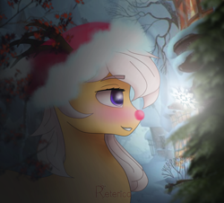 Size: 1000x904 | Tagged: safe, alternate version, artist:radioaxi, oc, oc only, oc:antler pone, species:pony, antlers, blushing, christmas, clothing, hat, holiday, purple eyes, red nose, santa hat, snow, snowflake, solo, white mane