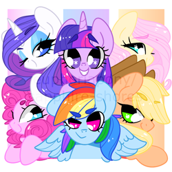 Size: 1000x1000 | Tagged: safe, artist:euphoriapony, character:applejack, character:fluttershy, character:pinkie pie, character:rainbow dash, character:rarity, character:twilight sparkle, species:pony, apple eyes, bust, cute, cutie mark eyes, dashabetes, diapinkes, eyebrows, eyebrows visible through hair, jackabetes, mane six, obtrusive watermark, one eye closed, raribetes, shyabetes, starry eyes, twiabetes, watermark, wingding eyes