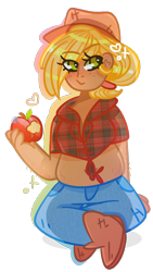 Size: 724x1280 | Tagged: safe, artist:euphoriapony, character:applejack, species:human, apple, boots, clothing, cute, eye clipping through hair, female, food, front knot midriff, heart, humanized, jackabetes, jeans, midriff, pants, plump, pudgy, shoes, simple background, sitting, solo, transparent background