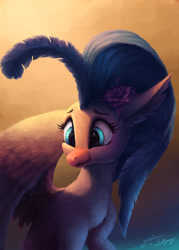Size: 1000x1400 | Tagged: safe, artist:faline-art, artist:lollipony, character:princess skystar, species:classical hippogriff, species:hippogriff, my little pony: the movie (2017), beautiful, blue eyes, cheek fluff, chest fluff, collaboration, cute, dark, ear fluff, feather, female, flower, flower in hair, fluffy, leg fluff, looking down, neck fluff, quadrupedal, shoulder fluff, simple background, skyabetes, smiling, solo, wing fluff
