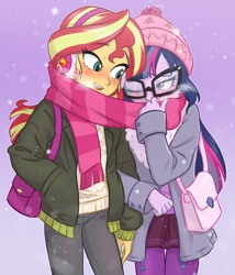 Size: 1200x1400 | Tagged: safe, artist:ta-na, character:sunset shimmer, character:twilight sparkle, character:twilight sparkle (scitwi), species:eqg human, ship:scitwishimmer, ship:sunsetsparkle, my little pony:equestria girls, blushing, clothing, coat, cute, dawwww, female, glasses, lesbian, scarf, shared clothing, shared scarf, shipping