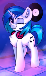 Size: 1299x2126 | Tagged: safe, artist:php97, character:dj pon-3, character:vinyl scratch, species:pony, species:unicorn, female, headphones, looking at you, mare, one eye closed, record, solo, wink
