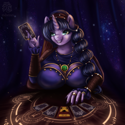Size: 3000x3000 | Tagged: safe, artist:mdwines, oc, oc only, species:anthro, species:pony, species:unicorn, amulet, anthro with ponies, big breasts, blue hair, braid, breasts, card, card game, circle, female, finger, fringe, gears, gold, horn, jewelry, magic, multicolored hair, outfit, pendant, reference, romani, runes, smiling, solo, tarot, tarot card, teeth, witch, wizard