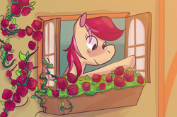 Size: 850x561 | Tagged: safe, artist:stevetwisp, character:roseluck, species:pony, cute, cuteluck, eye clipping through hair, female, flower, mare, rose, solo, thorns, windowsill