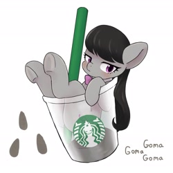 Size: 2039x2039 | Tagged: safe, artist:ayahana, character:octavia melody, species:earth pony, species:pony, anatomically incorrect, blushing, cup, cup of pony, embarrassed, female, frown, incorrect leg anatomy, lidded eyes, looking at you, mare, micro, simple background, solo, starbucks, straw, stuck, underhoof, white background