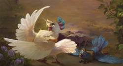 Size: 2229x1200 | Tagged: safe, artist:bra1neater, artist:v747, character:princess celestia, character:princess luna, species:bird, birb, birdified, bread, breading, chest fluff, collaboration, duo, female, fine art emulation, fluffy, food, freckles, frown, horn, lidded eyes, majestic as fuck, neck fluff, pigeon, prone, royal sisters, scenery, seed, sisters, smiling, species swap, spread wings, technically advanced, unamused, wing hands, wings