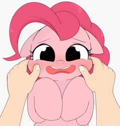 Size: 960x1010 | Tagged: safe, artist:manachaaaaaaaa, character:pinkie pie, species:earth pony, species:human, species:pony, blushing, cheek pinch, cute, diapinkes, female, floppy ears, hooves to the chest, looking at you, mare, offscreen character, open mouth, pov, simple background, white background